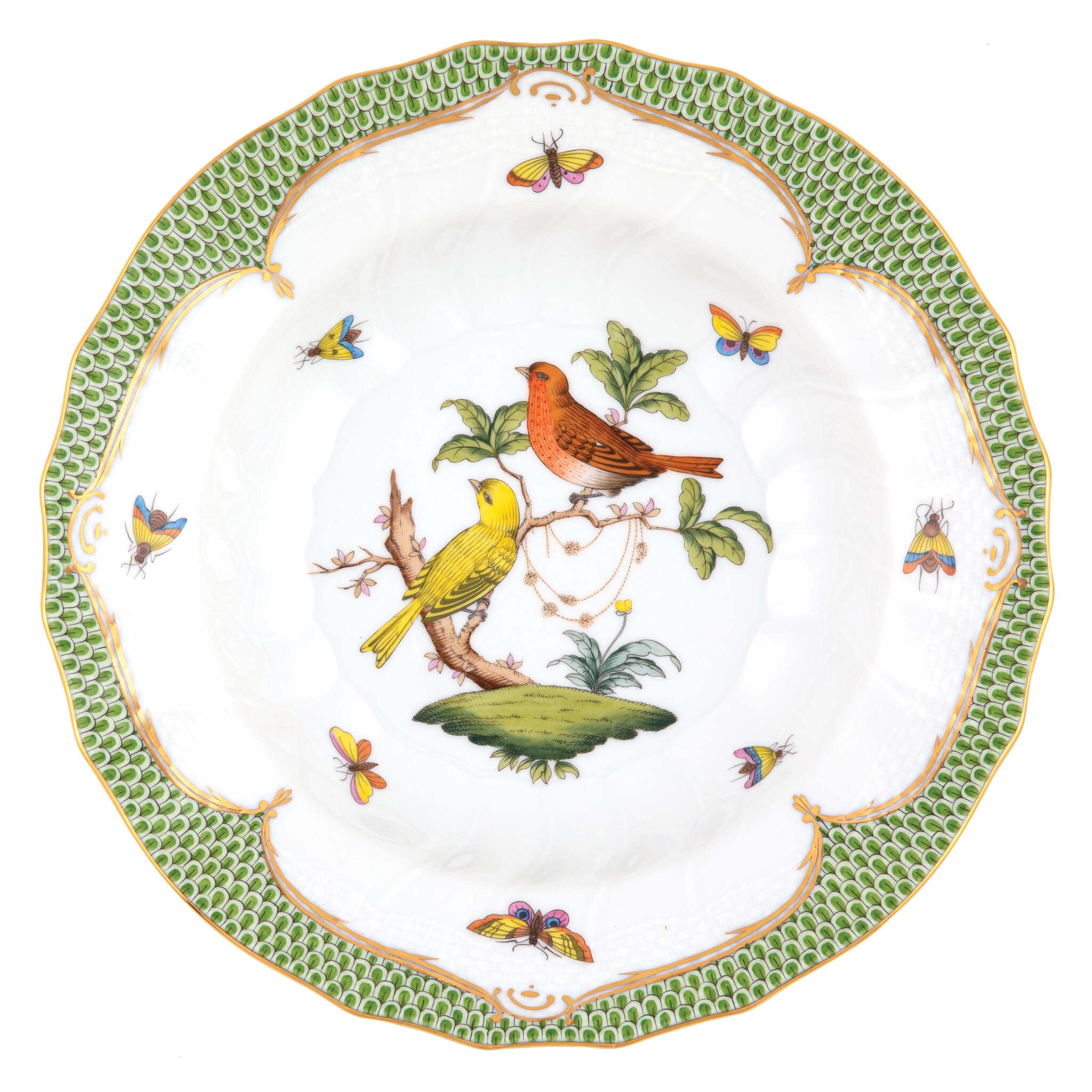 Hand-painted Herend Rothschild Bird Green Border Rim Soup Soup Plates & Rimmed Soup Bowl in fine porcelain, 9.5in D,, Motif 6, on a white background