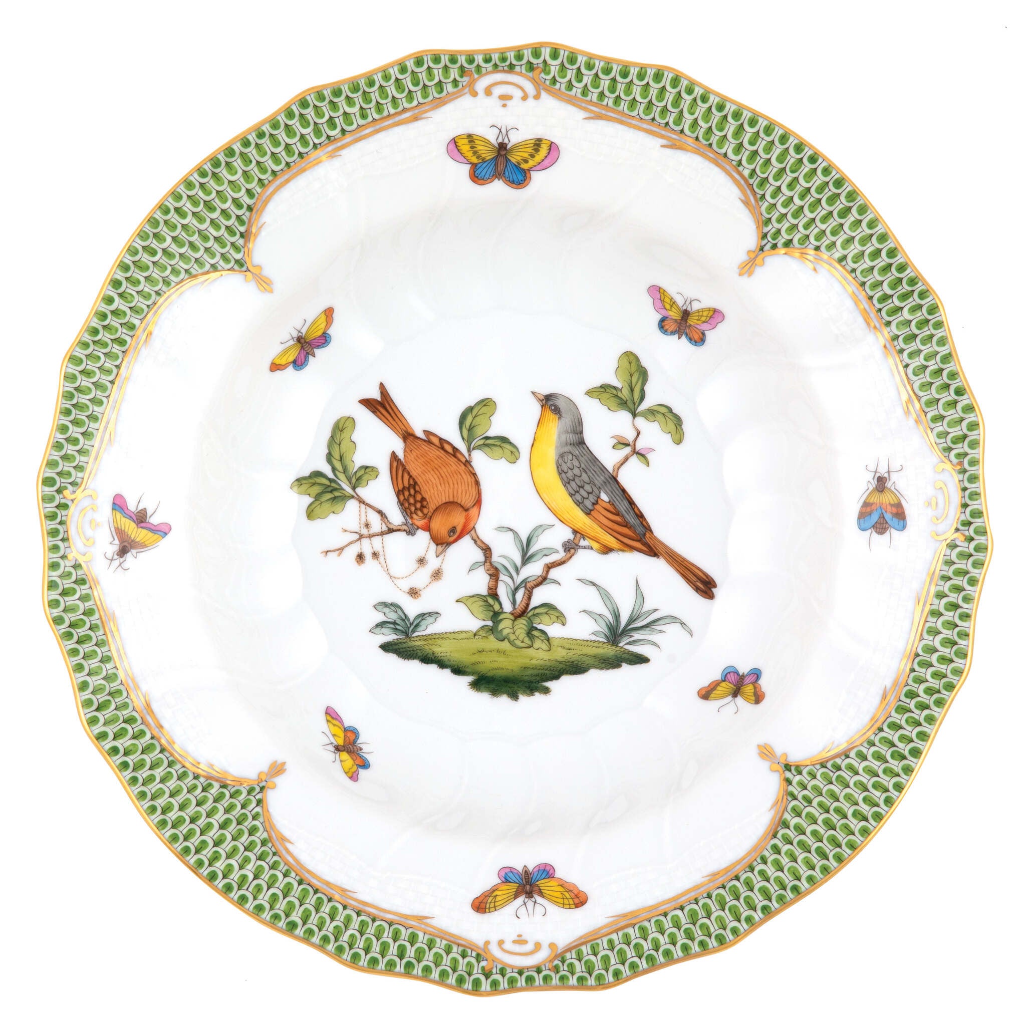 Hand-painted Herend Rothschild Bird Green Border Rim Soup Soup Plates & Rimmed Soup Bowl in fine porcelain, 9.5in D,, Motif 7, on a white background