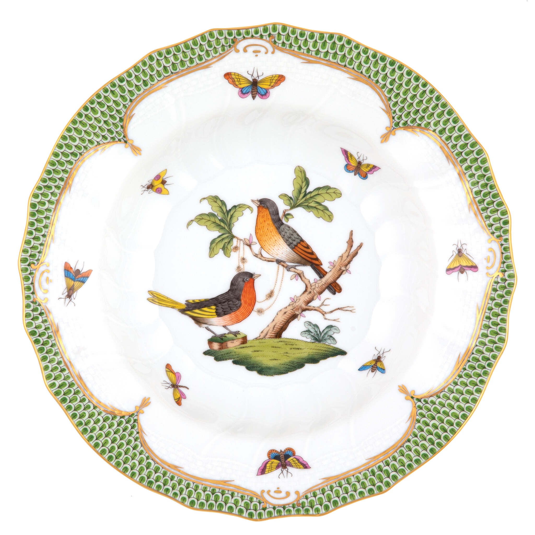 Hand-painted Herend Rothschild Bird Green Border Rim Soup Soup Plates & Rimmed Soup Bowl in fine porcelain, 9.5in D,, Motif 8, on a white background