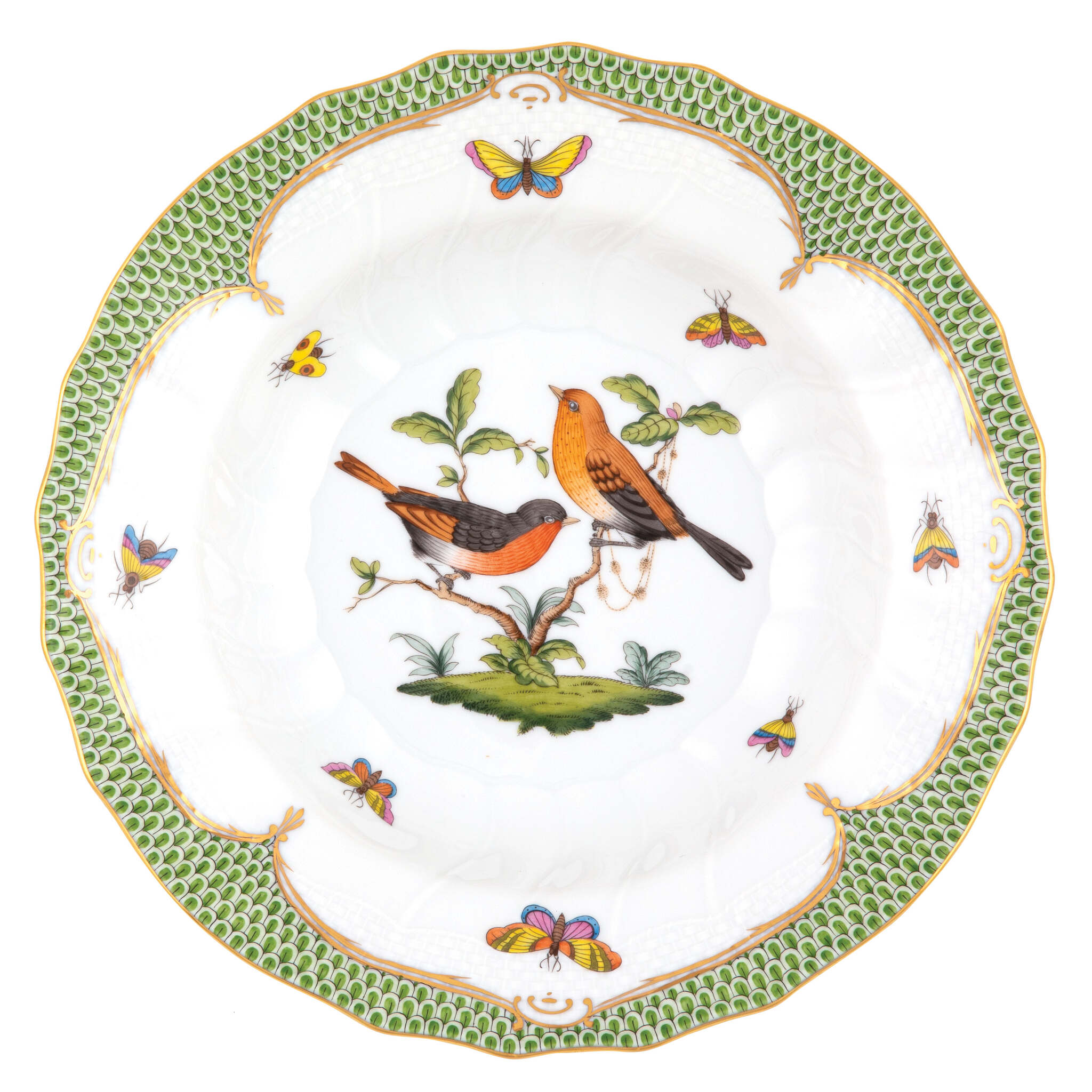 Hand-painted Herend Rothschild Bird Green Border Rim Soup Soup Plates & Rimmed Soup Bowl in fine porcelain, 9.5in D,, Motif 9, on a white background