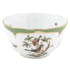 Hand-painted Herend Rothschild Bird Green Border Round Bowl in fine porcelain, (3.5 PT) 7.5in D, on a white background