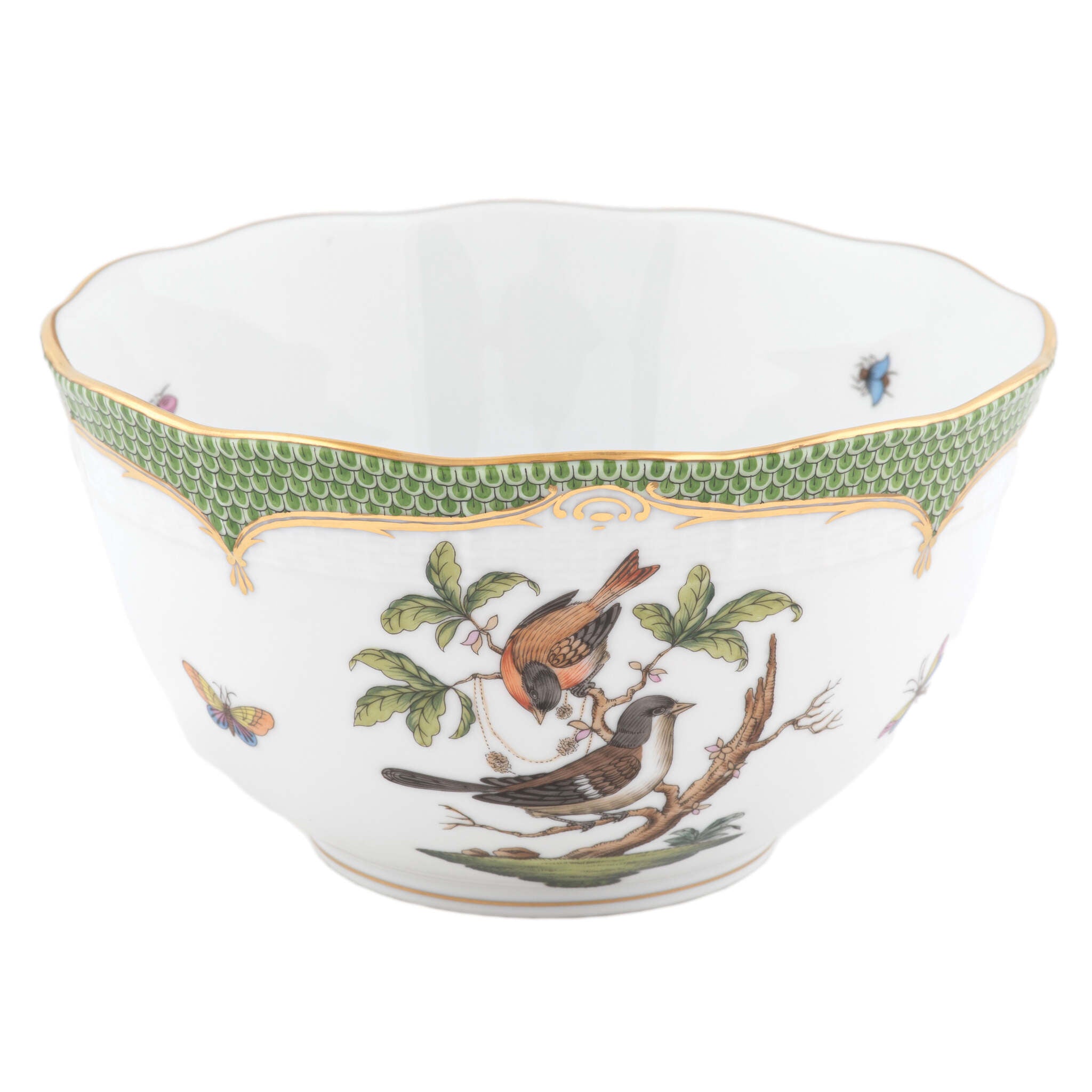 Hand-painted Herend Rothschild Bird Green Border Round Bowl in fine porcelain, (3.5 PT) 7.5in D, on a white background