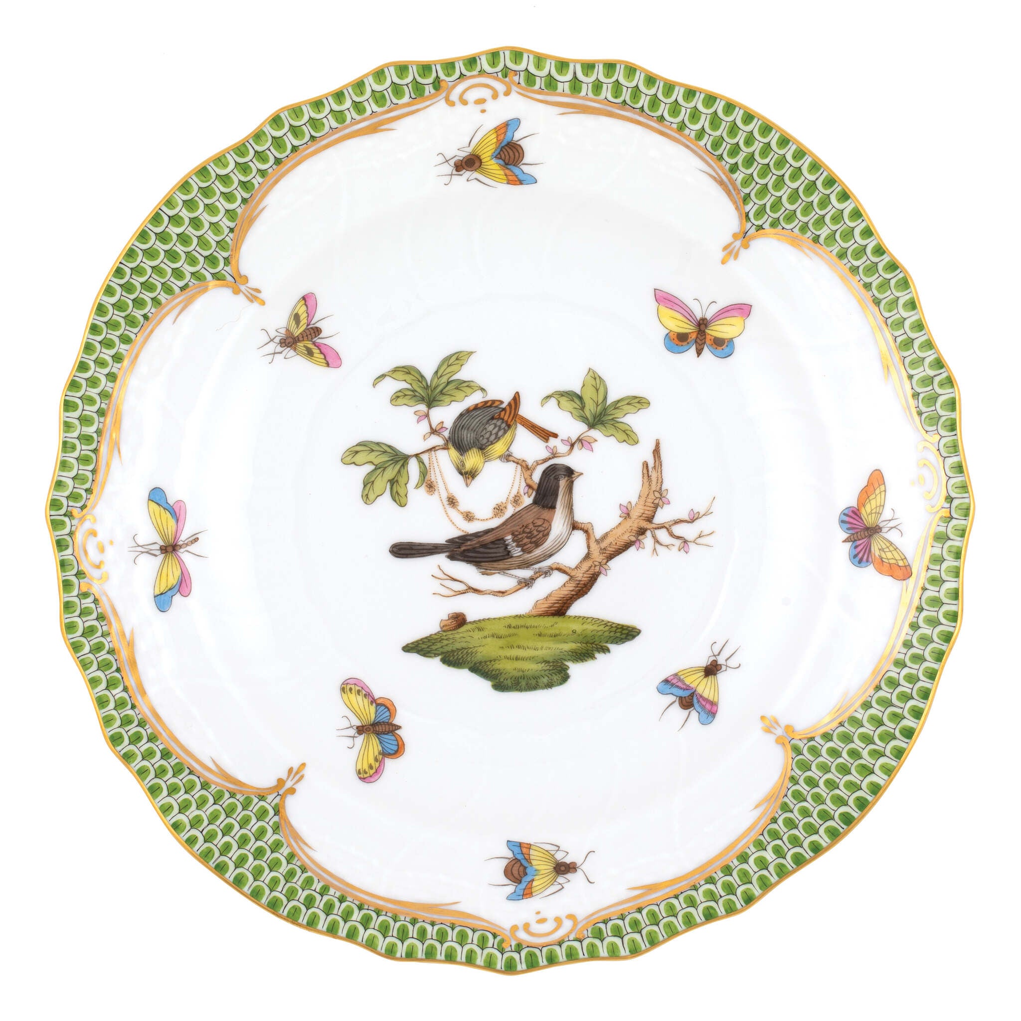 Hand-painted Herend Rothschild Bird Green Border Salad Plate in fine porcelain, 7.5in D,, Motif 1, on a white background