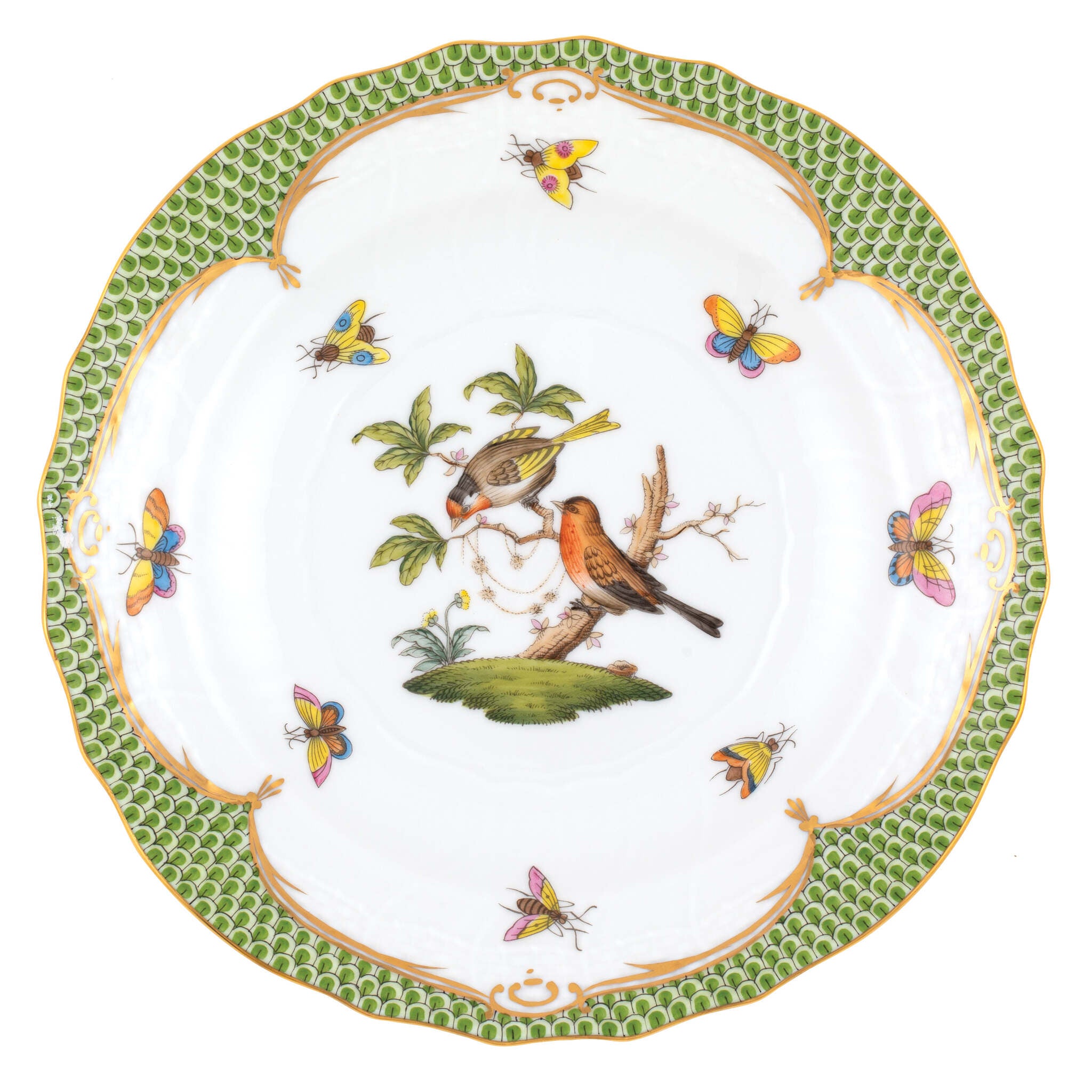 Hand-painted Herend Rothschild Bird Green Border Salad Plate in fine porcelain, 7.5in D,, Motif 10, on a white background