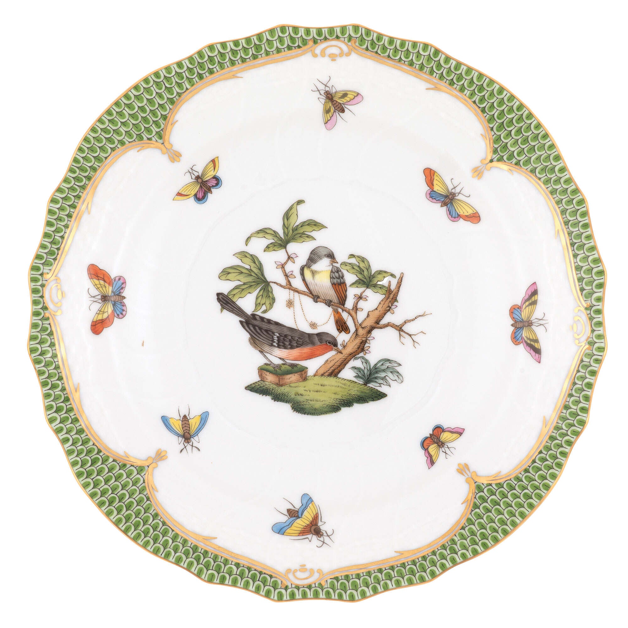 Hand-painted Herend Rothschild Bird Green Border Salad Plate in fine porcelain, 7.5in D,, Motif 2, on a white background