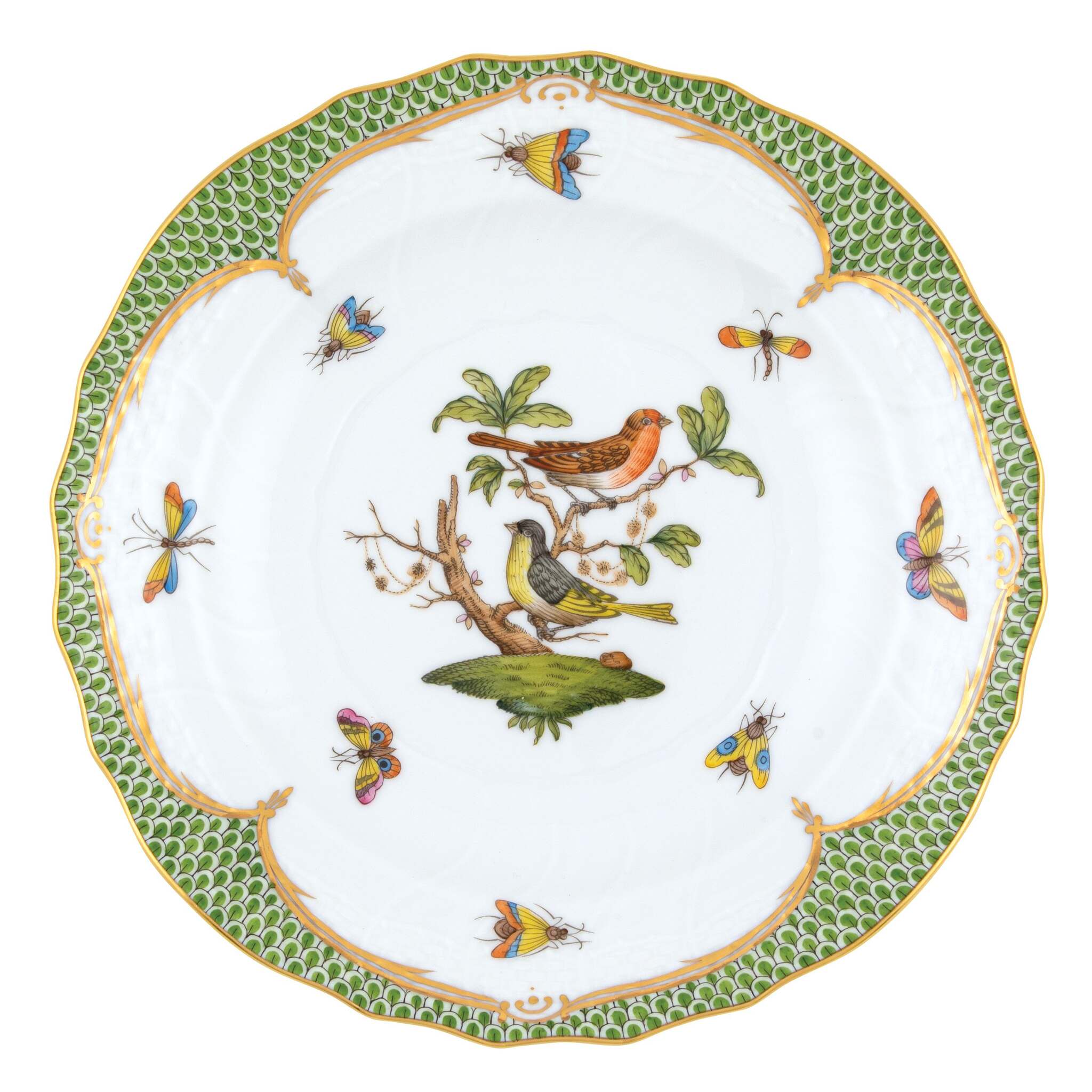 Hand-painted Herend Rothschild Bird Green Border Salad Plate in fine porcelain, 7.5in D,, Motif 3, on a white background
