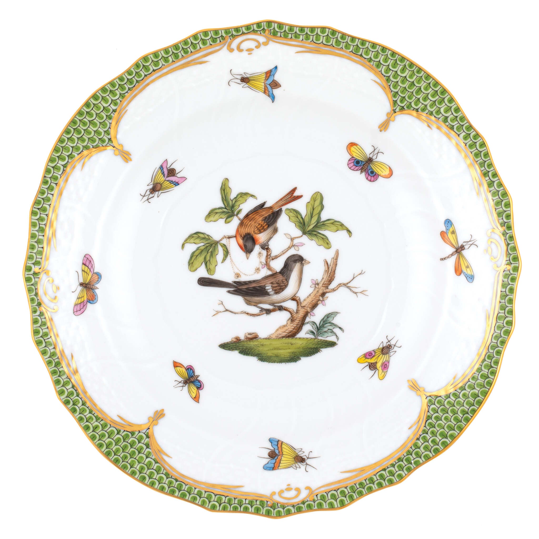 Hand-painted Herend Rothschild Bird Green Border Salad Plate in fine porcelain, 7.5in D,, Motif 4, on a white background