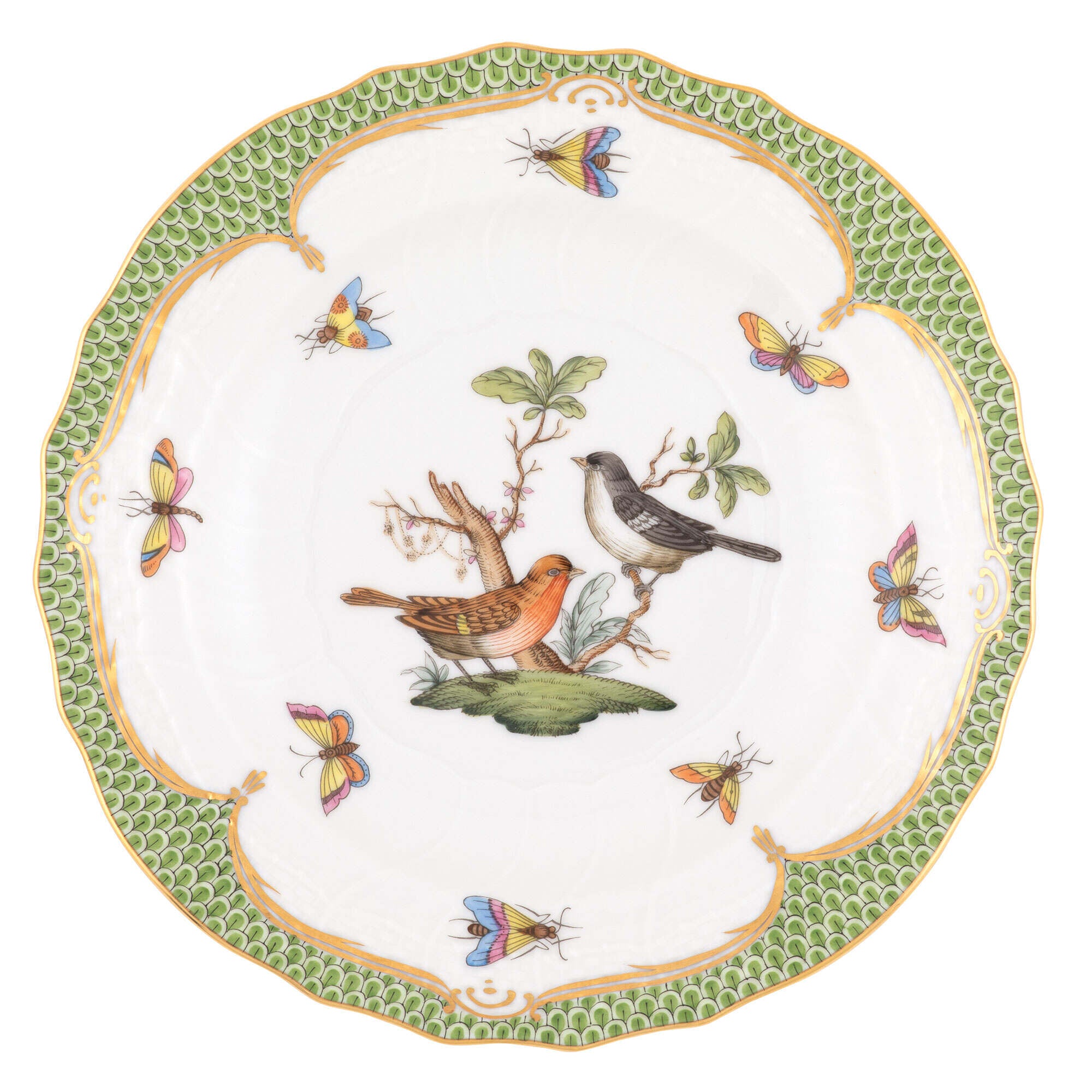 Hand-painted Herend Rothschild Bird Green Border Salad Plate in fine porcelain, 7.5in D,, Motif 5, on a white background