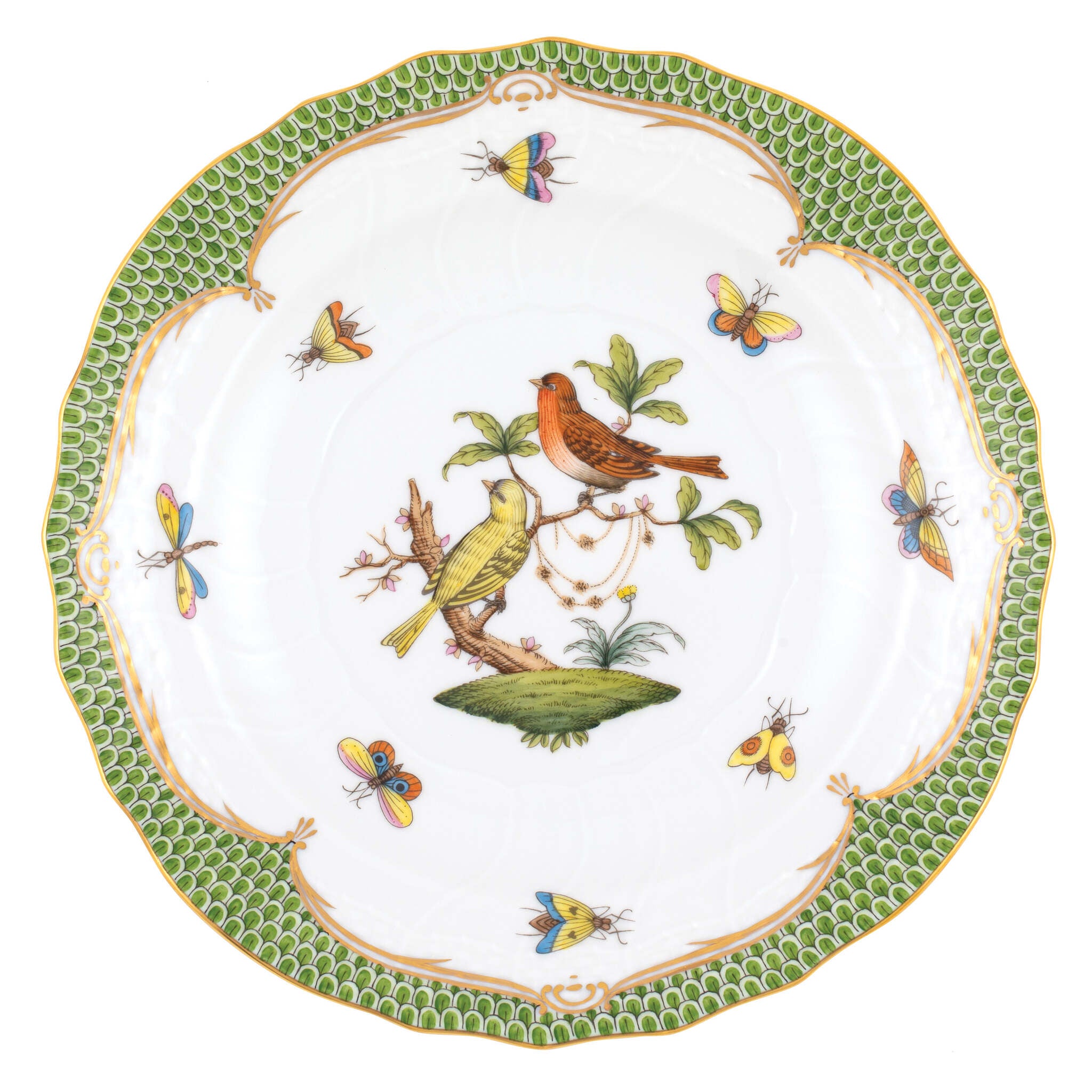 Hand-painted Herend Rothschild Bird Green Border Salad Plate in fine porcelain, 7.5in D,, Motif 6, on a white background