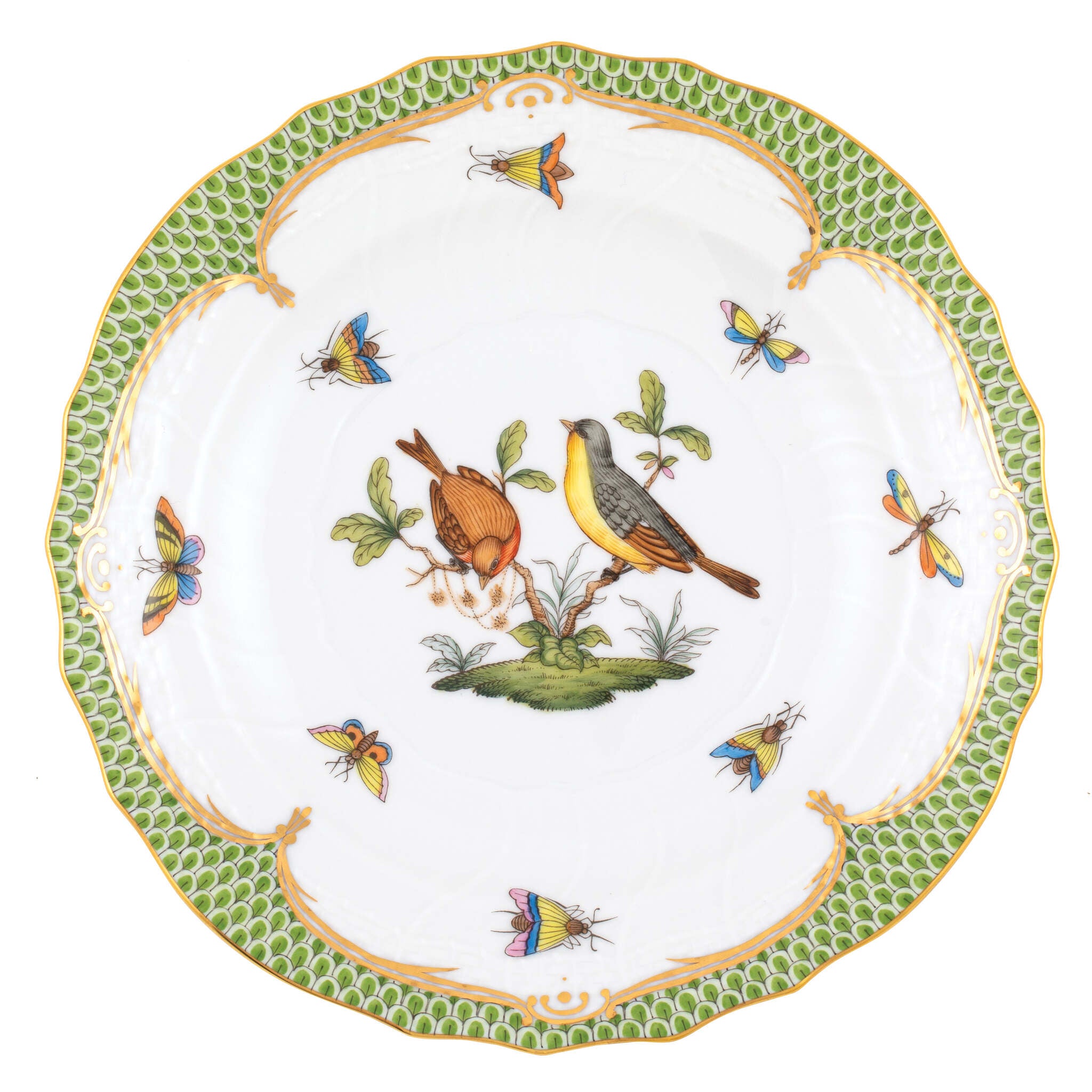 Hand-painted Herend Rothschild Bird Green Border Salad Plate in fine porcelain, 7.5in D,, Motif 7, on a white background