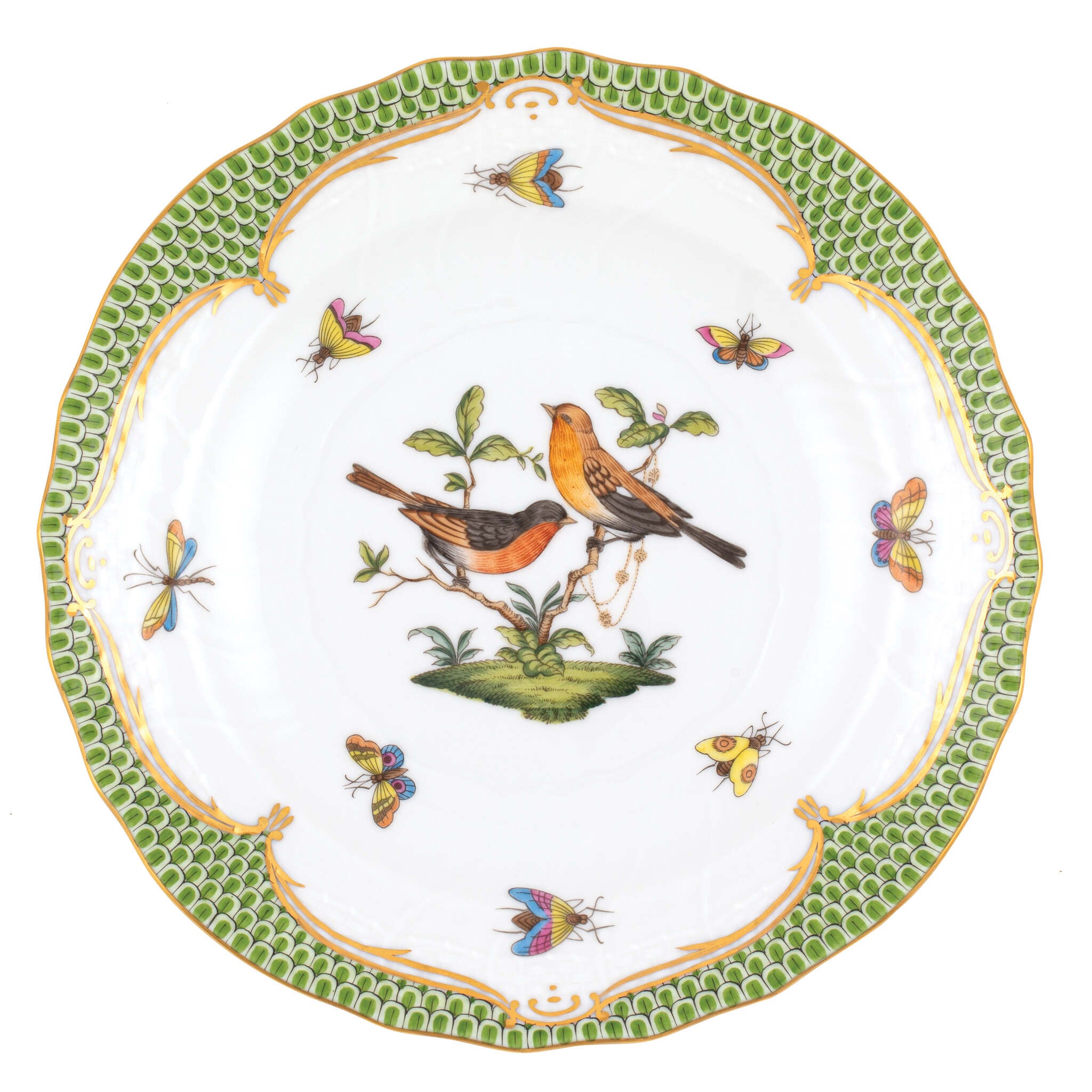 Hand-painted Herend Rothschild Bird Green Border Salad Plate in fine porcelain, 7.5in D,, Motif 9, on a white background