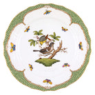 Hand-painted Herend Rothschild Bird Green Border Service Plate in fine porcelain, 11in D,, Motif 1, on a white background