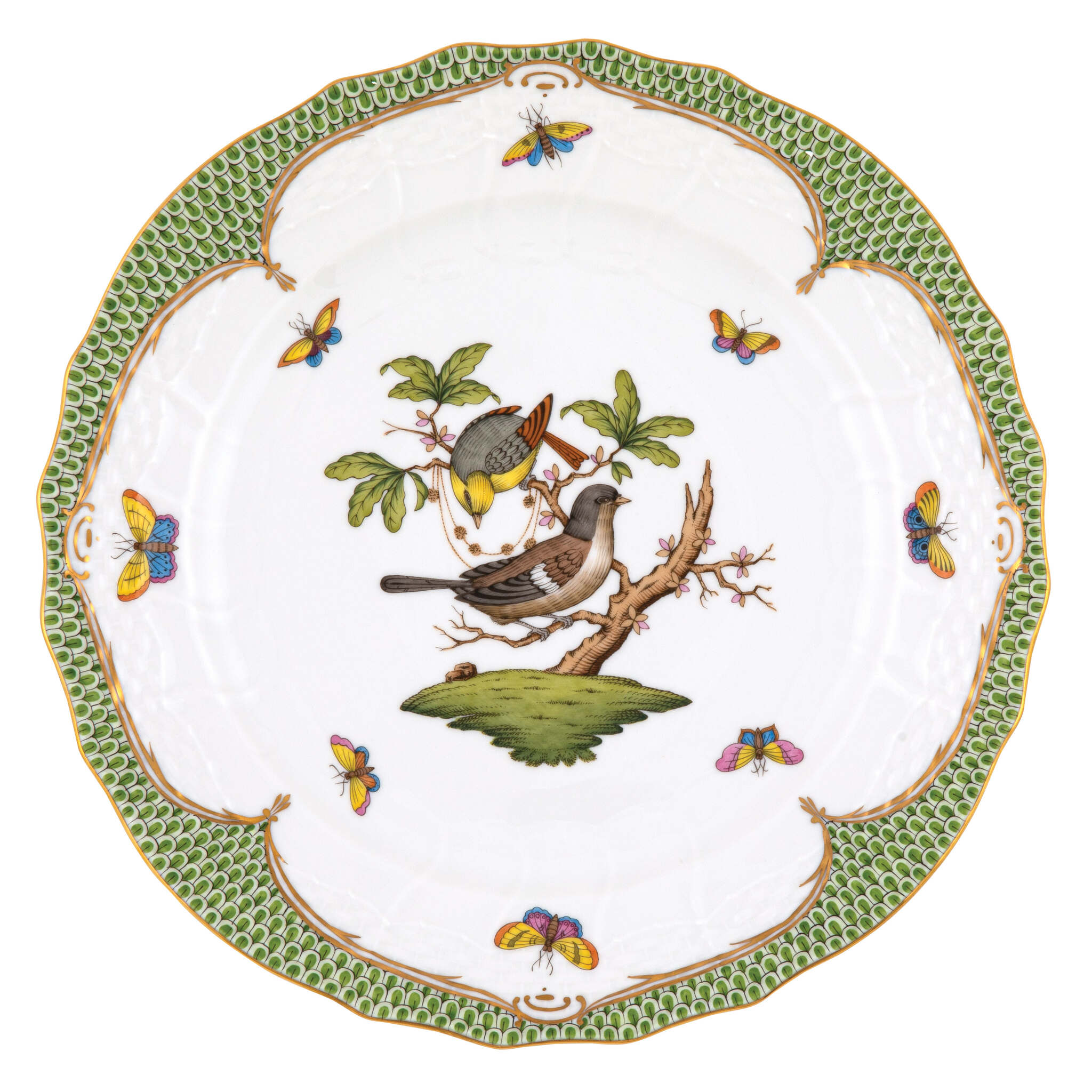 Hand-painted Herend Rothschild Bird Green Border Service Plate in fine porcelain, 11in D,, Motif 1, on a white background