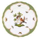 Hand-painted Herend Rothschild Bird Green Border Service Plate in fine porcelain, 11in D,, Motif 10, on a white background