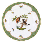 Hand-painted Herend Rothschild Bird Green Border Service Plate in fine porcelain, 11in D,, Motif 12, on a white background