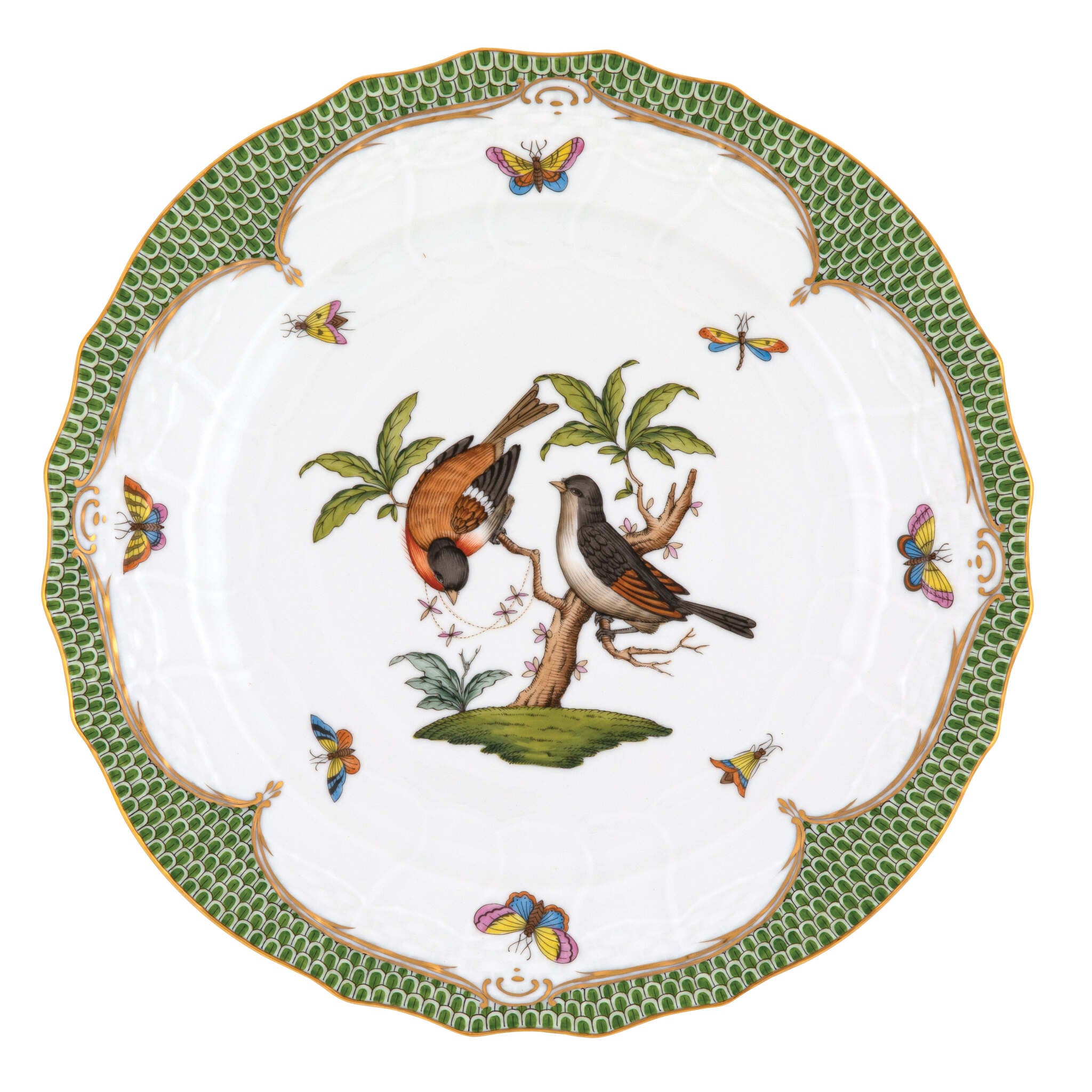 Hand-painted Herend Rothschild Bird Green Border Service Plate in fine porcelain, 11in D,, Motif 12, on a white background