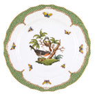 Hand-painted Herend Rothschild Bird Green Border Service Plate in fine porcelain, 11in D,, Motif 2, on a white background
