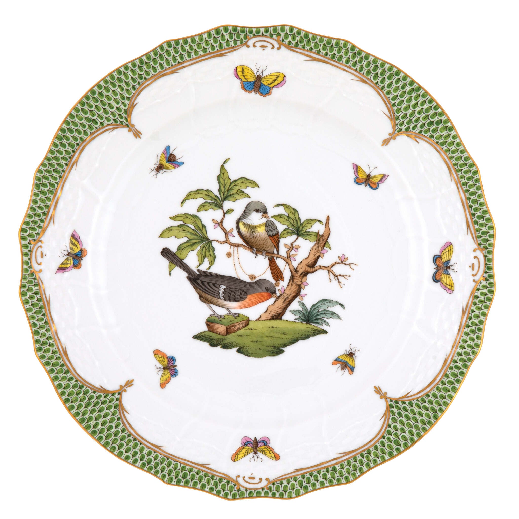 Hand-painted Herend Rothschild Bird Green Border Service Plate in fine porcelain, 11in D,, Motif 2, on a white background