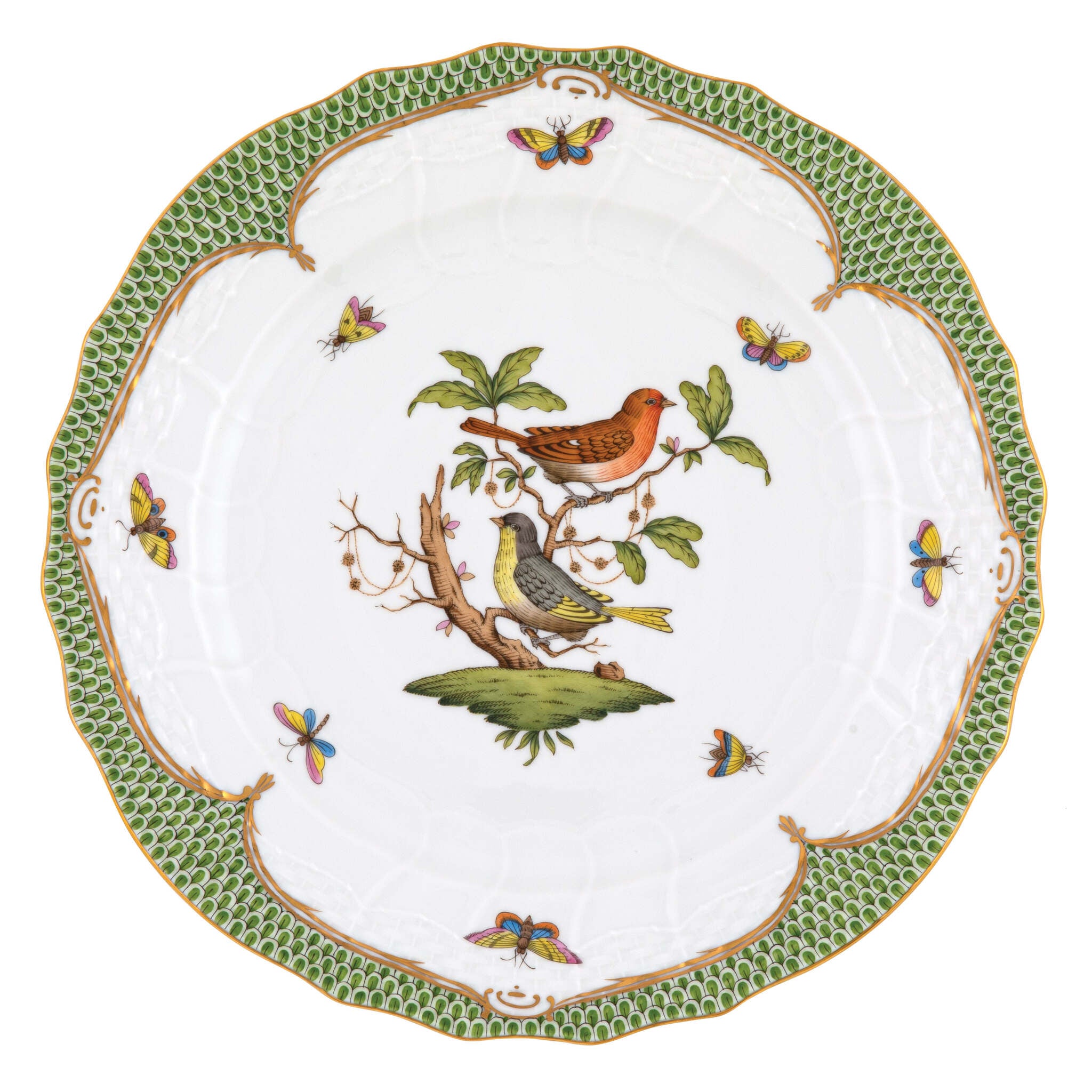 Hand-painted Herend Rothschild Bird Green Border Service Plate in fine porcelain, 11in D,, Motif 3, on a white background