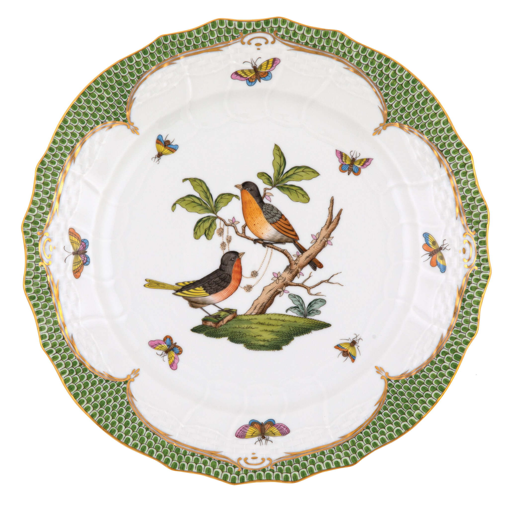 Hand-painted Herend Rothschild Bird Green Border Service Plate in fine porcelain, 11in D,, Motif 8, on a white background