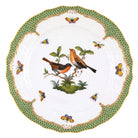 Hand-painted Herend Rothschild Bird Green Border Service Plate in fine porcelain, 11in D,, Motif 9, on a white background