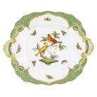 Hand-painted Herend Rothschild Bird Green Border Square Cake Plate with Handles in fine porcelain, 9.5in SQ, on a white background
