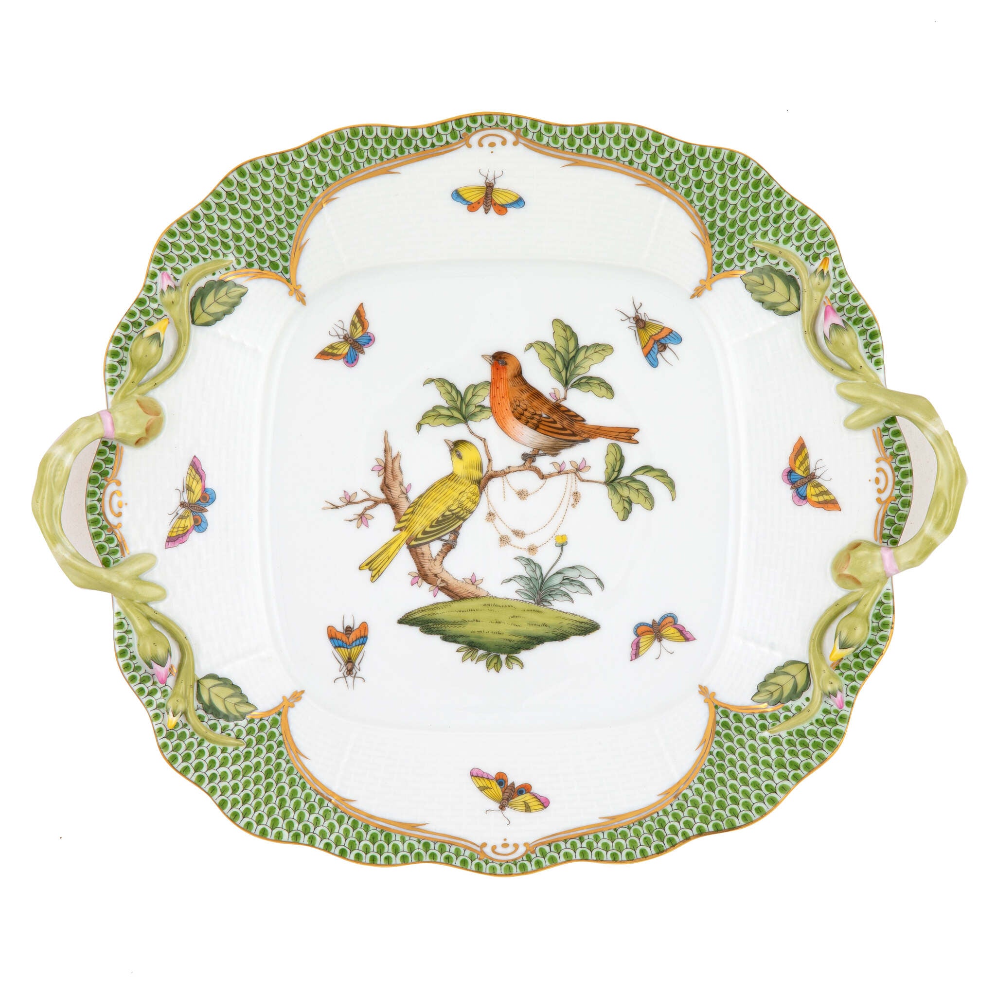 Hand-painted Herend Rothschild Bird Green Border Square Cake Plate with Handles in fine porcelain, 9.5in SQ, on a white background