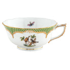 Hand-painted Herend Rothschild Bird Green Border Tea Cup Cup & Saucer Set in fine porcelain, on a white background