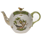 Hand-painted Herend Rothschild Bird Green Border Tea Pot with Bird Teapot in fine porcelain, (36 OZ) 5.5in H, on a white background