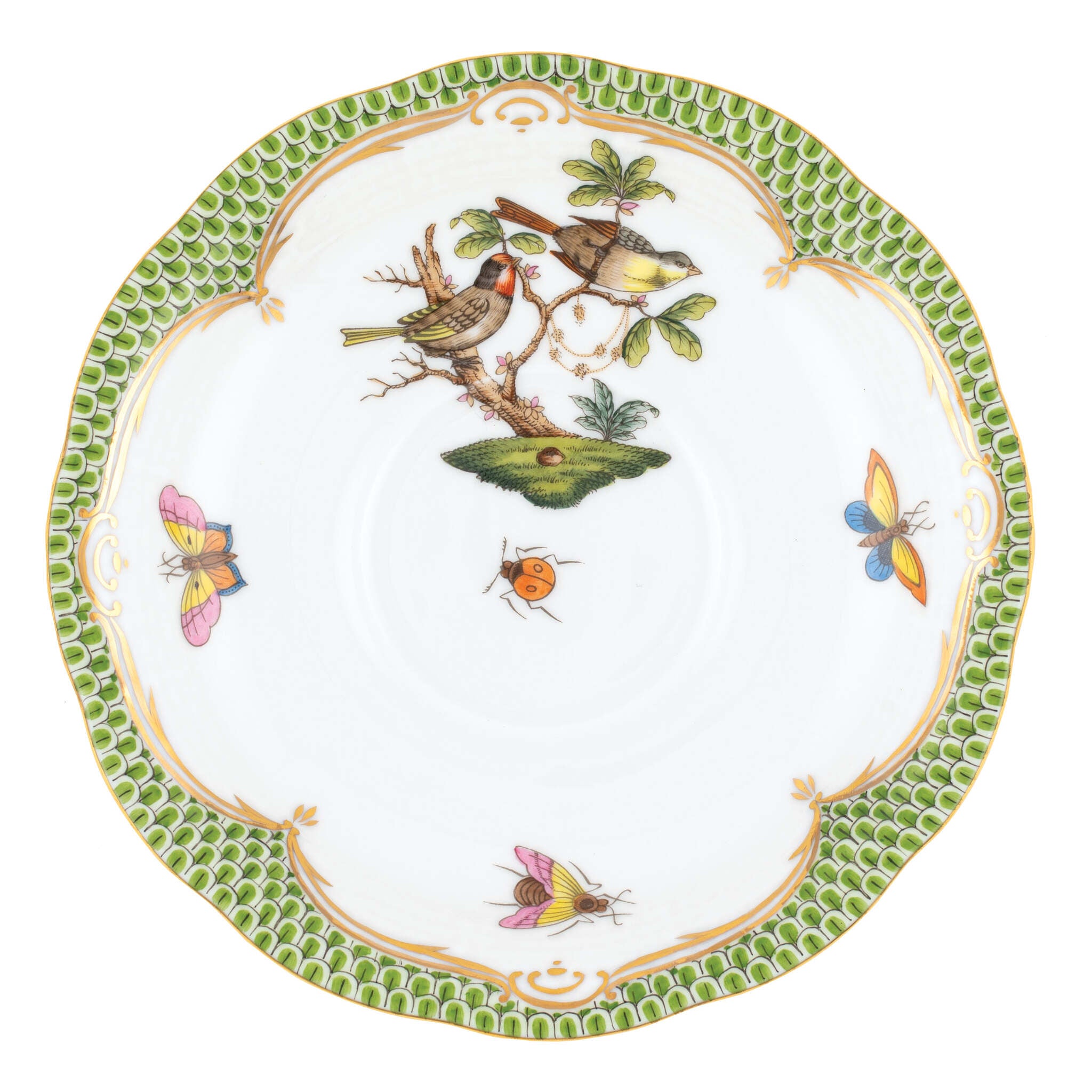 Hand-painted Herend Rothschild Bird Green Border Tea Saucer Cup & Saucer Set in fine porcelain, 6in D,, Motif 11, on a white background
