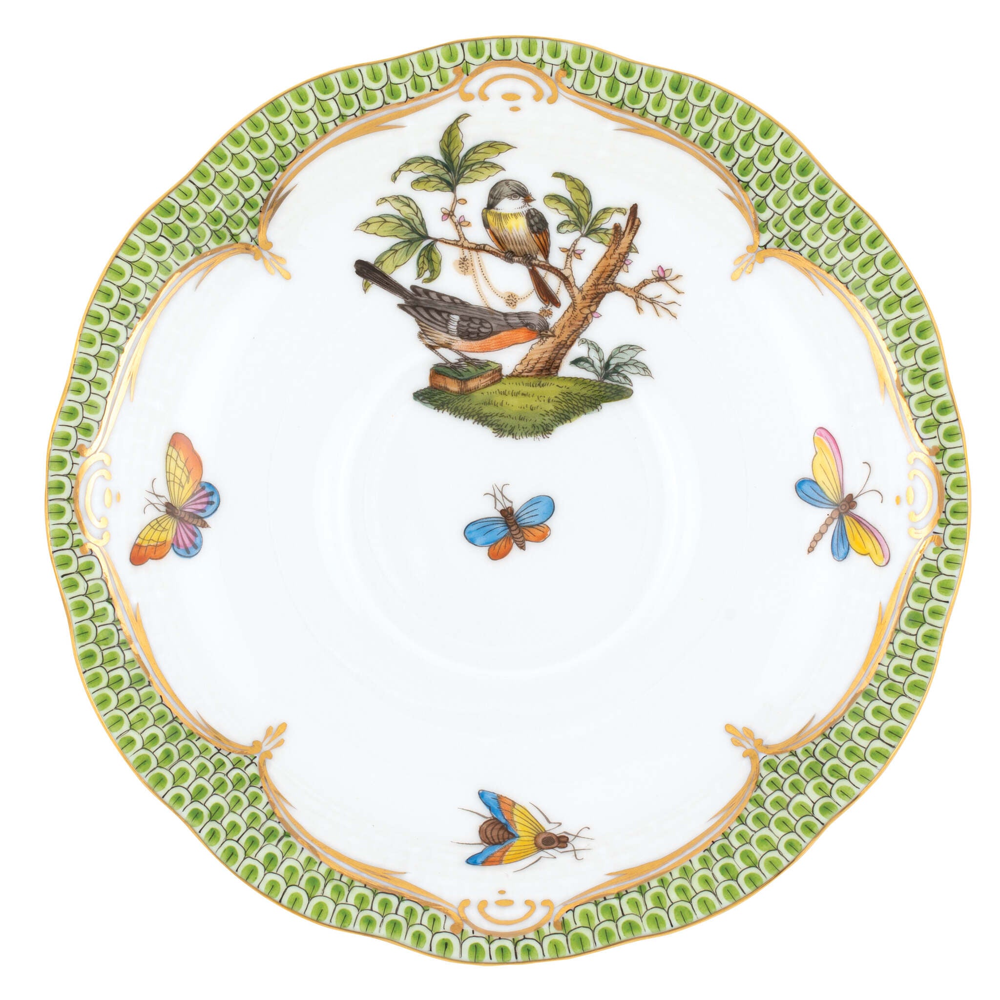 Hand-painted Herend Rothschild Bird Green Border Tea Saucer Cup & Saucer Set in fine porcelain, 6in D,, Motif 2, on a white background