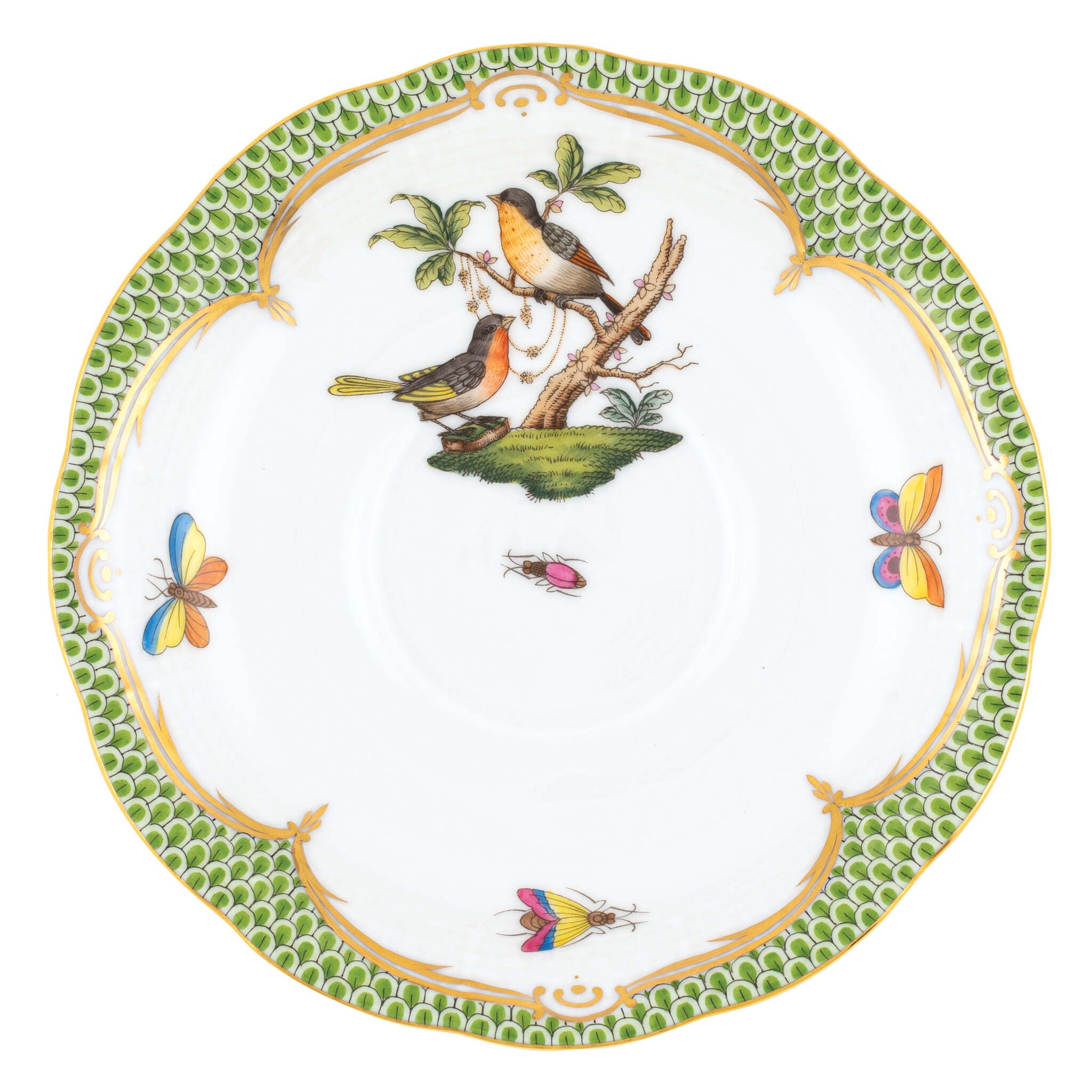 Hand-painted Herend Rothschild Bird Green Border Tea Saucer Cup & Saucer Set in fine porcelain, 6in D,, Motif 8, on a white background