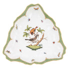 Hand-painted Herend Rothschild Bird Green Border Triangle Dish in fine porcelain, 9.5in L, on a white background