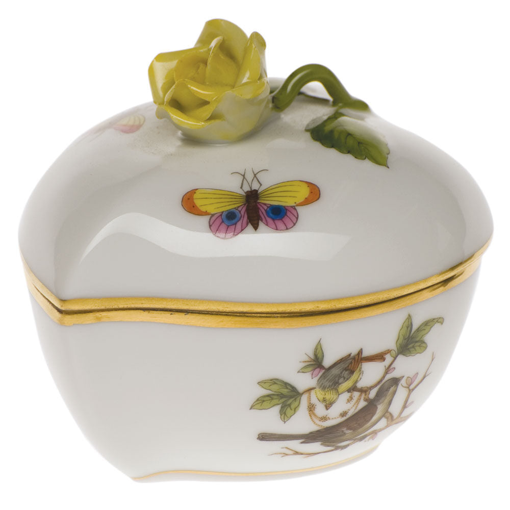 Hand-painted Herend Rothschild Bird Heart Bonbon with Rose Candy Dish in fine porcelain, 3in L X 2in H, on a white background