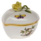 Hand-painted Herend Rothschild Bird Heart Bonbon with Rose Candy Dish in fine porcelain, 3in L X 2in H, on a white background