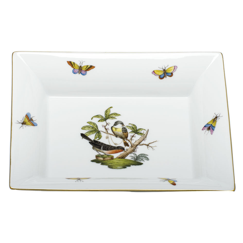 Hand-painted Herend Rothschild Bird Jewelry Tray Decorative Plate in fine porcelain, 7.5in L X 6.25in W, on a white background
