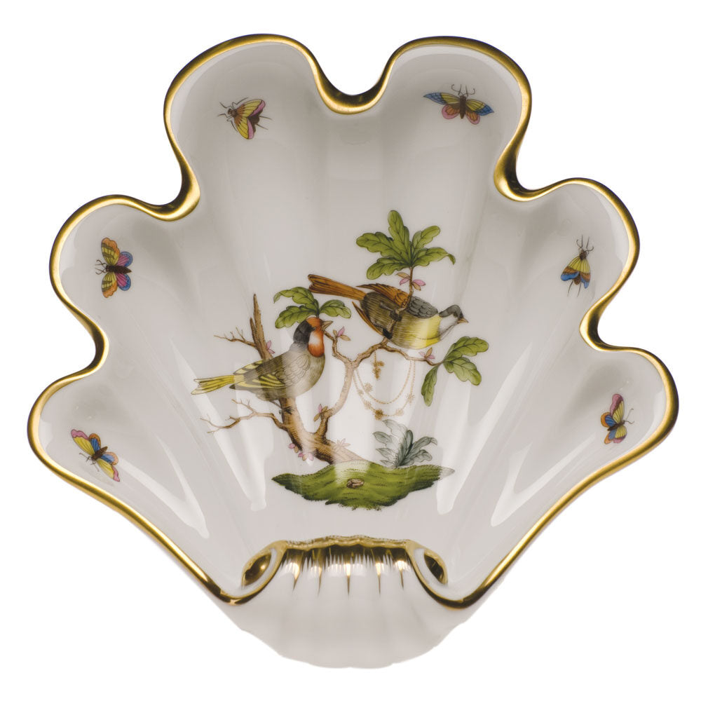Hand-painted Herend Rothschild Bird Large Shell Dish Decorative Plate in fine porcelain, 9in L X 8.75in W, on a white background