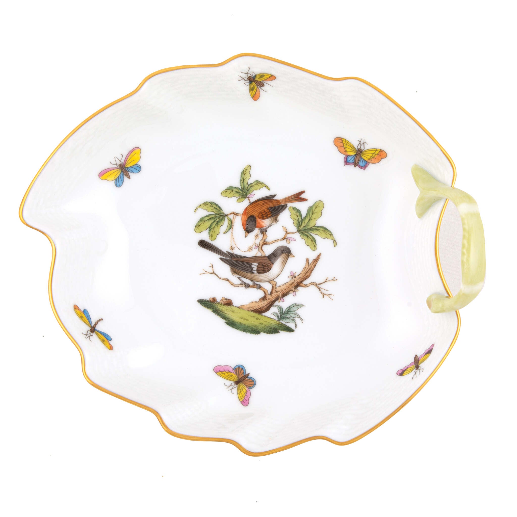 Hand-painted Herend Rothschild Bird Leaf Dish in fine porcelain, 7.75in L, on a white background