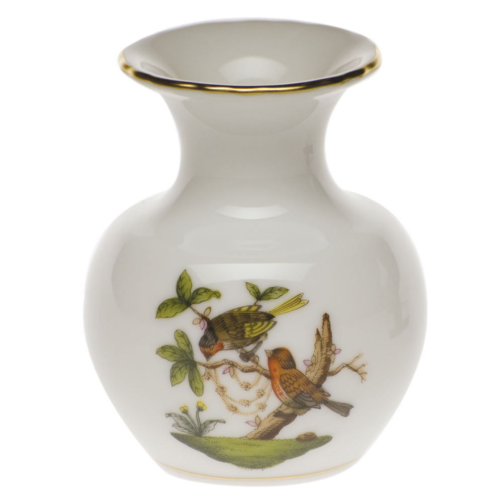 Hand-painted Herend Rothschild Bird Medium Bud Vase with Lip in fine porcelain, 2.25in L X 2.25in W X 2.75in H, on a white background