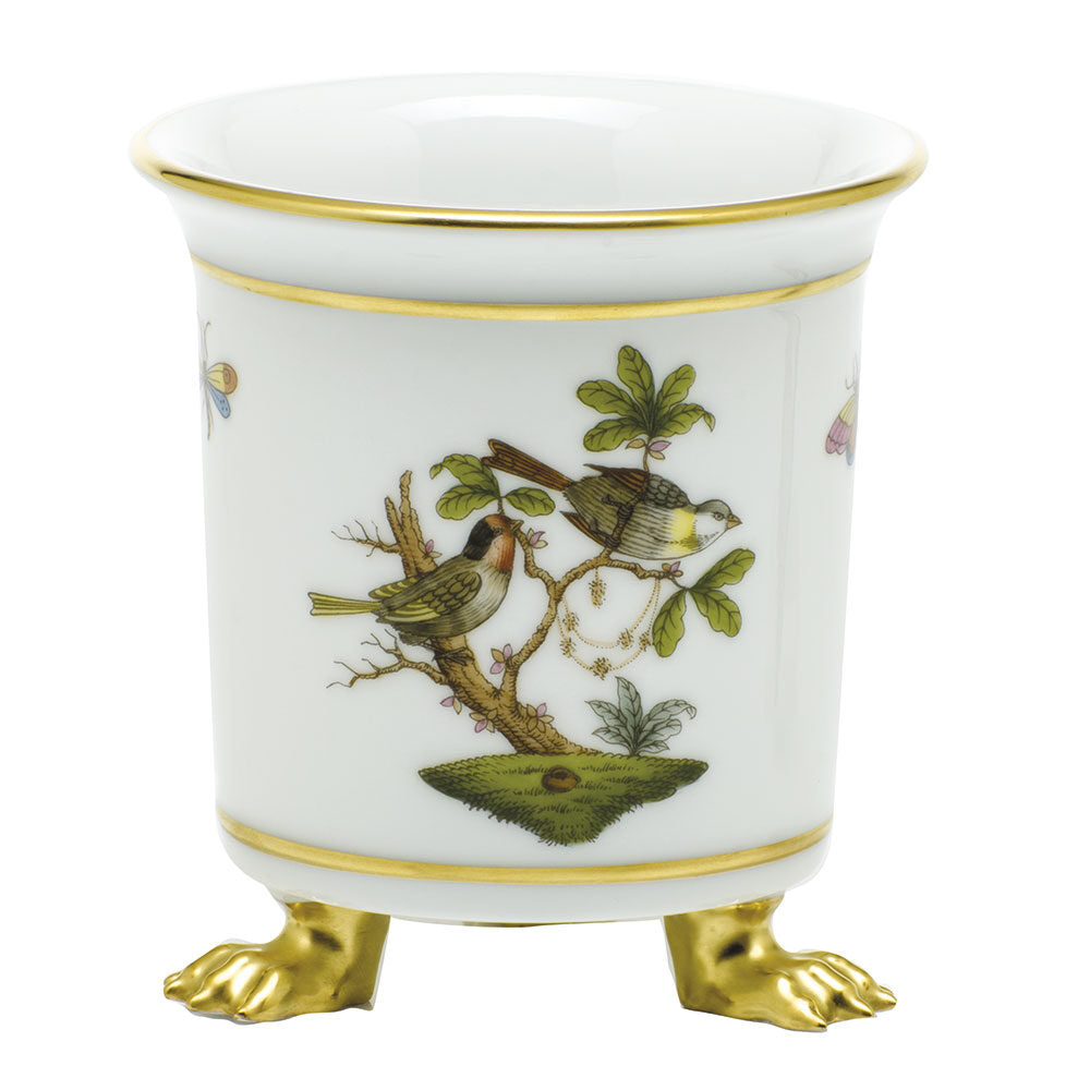 Hand-painted Herend Rothschild Bird Mini Cachepot with Feet in fine porcelain, 3.75in L X 4in H, on a white background
