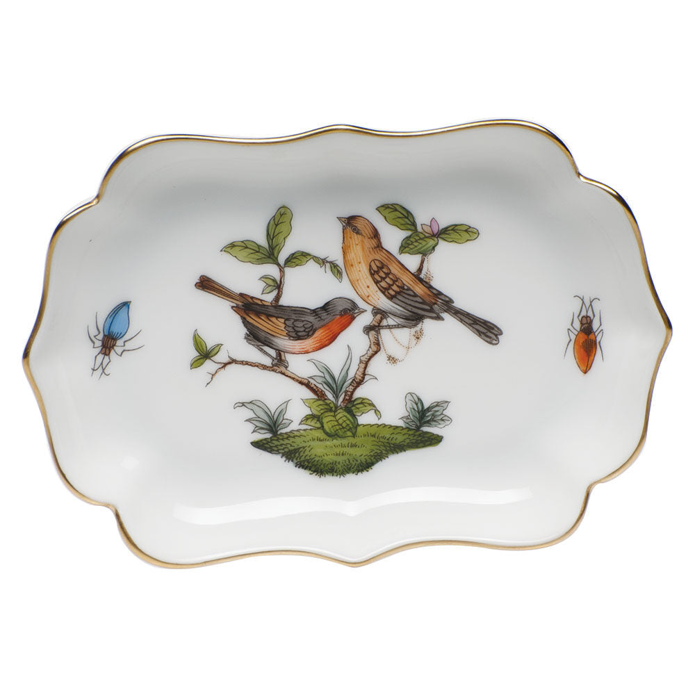 Hand-painted Herend Rothschild Bird Mini Scalloped Tray Decorative Plate in fine porcelain, 4.25in L X 3in W, on a white background