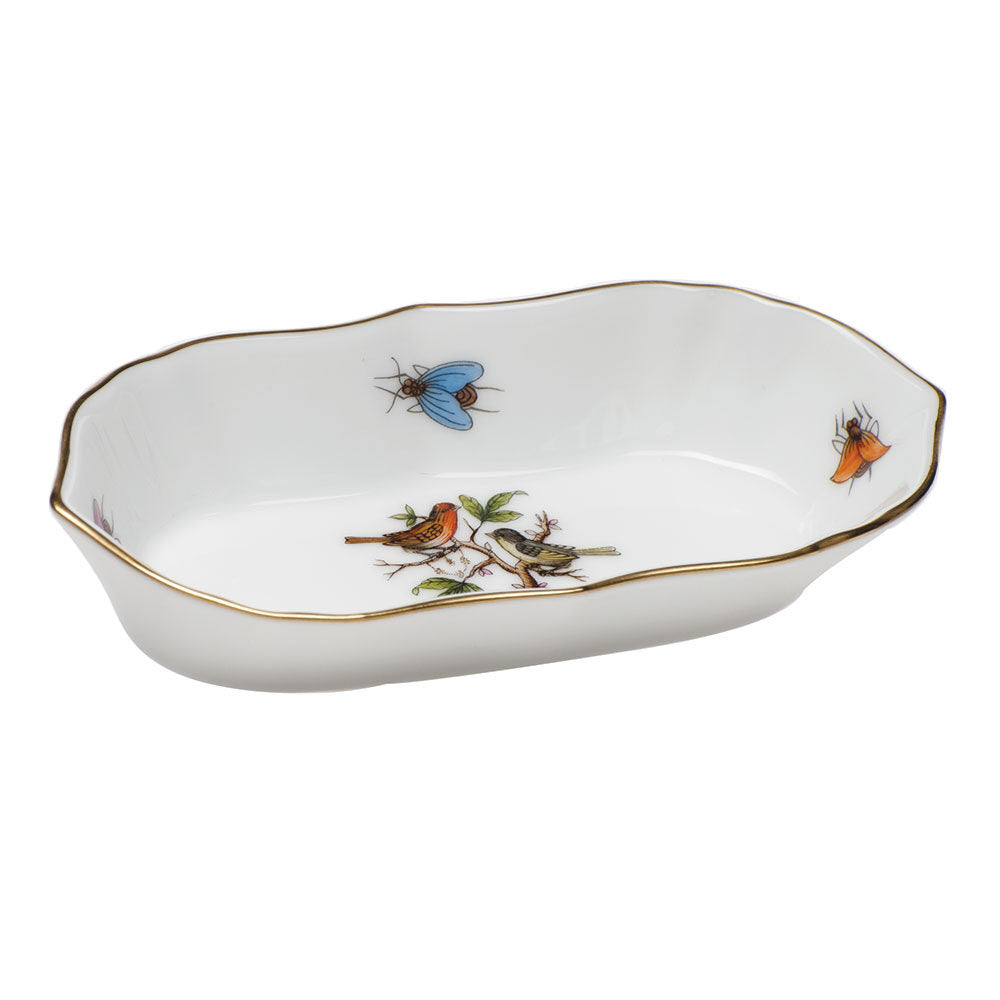Hand-painted Herend Rothschild Bird Narrow Pin Dish Decorative Plate in fine porcelain, 5in L X 1in H, on a white background