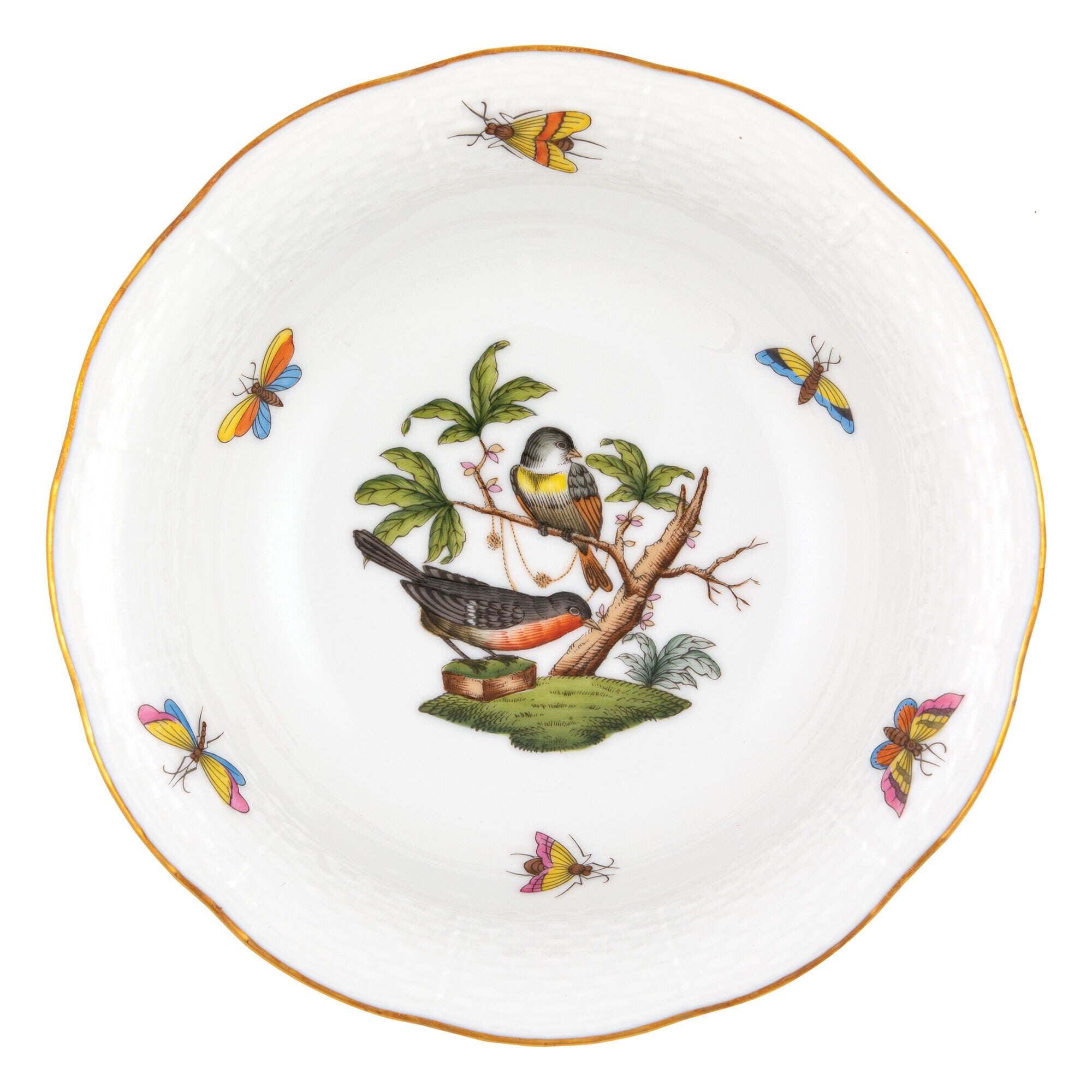 Hand-painted Herend Rothschild Bird Oatmeal Bowl in fine porcelain, 6.5in D, on a white background
