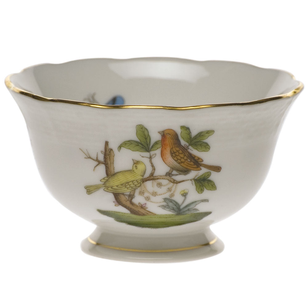 Hand-painted Herend Rothschild Bird Open Sugar Bowl in fine porcelain, 3in D X 1.5in H, on a white background