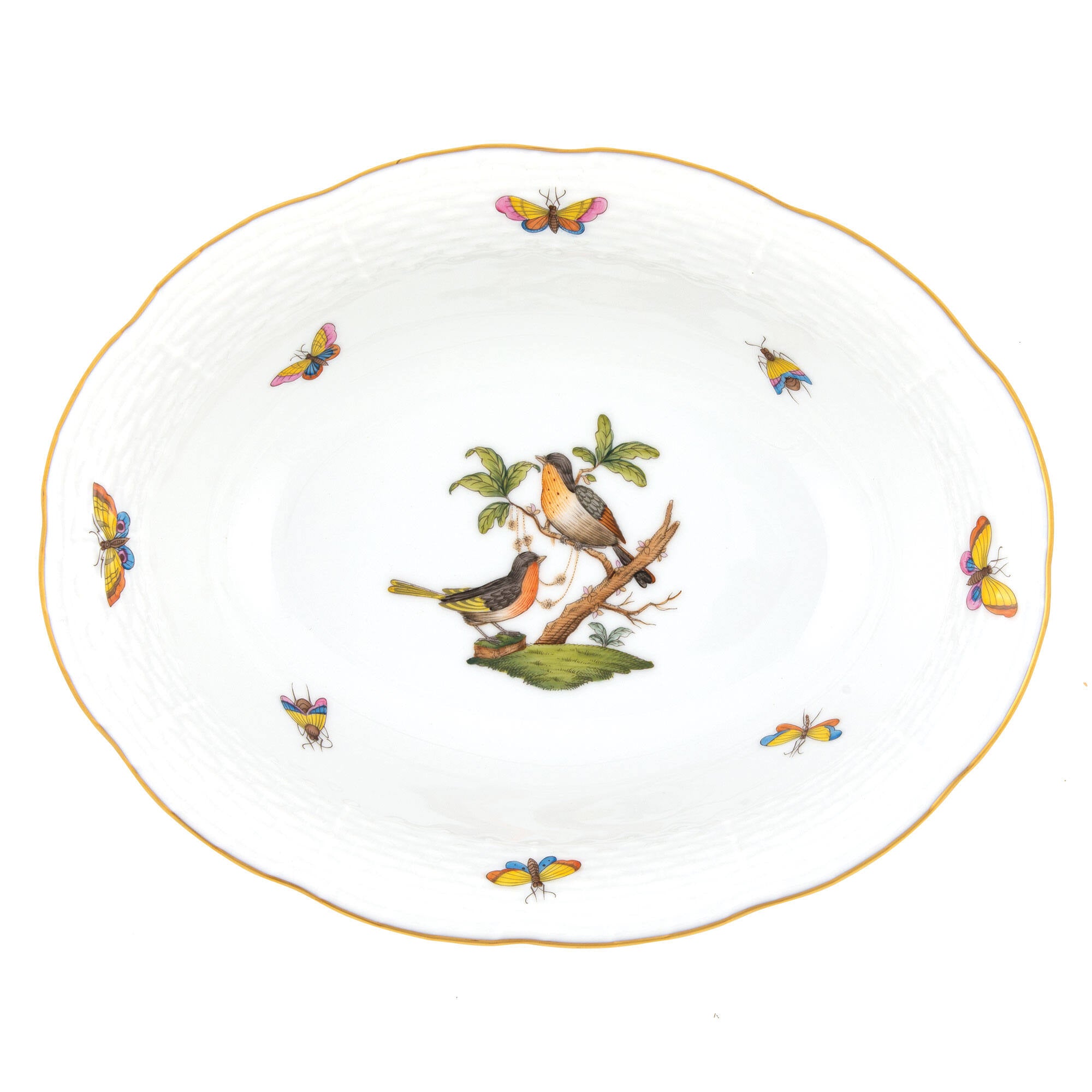 Hand-painted Herend Rothschild Bird Oval Vegetable Dish Serving Bowl in fine porcelain, 10in L X 8in W, on a white background