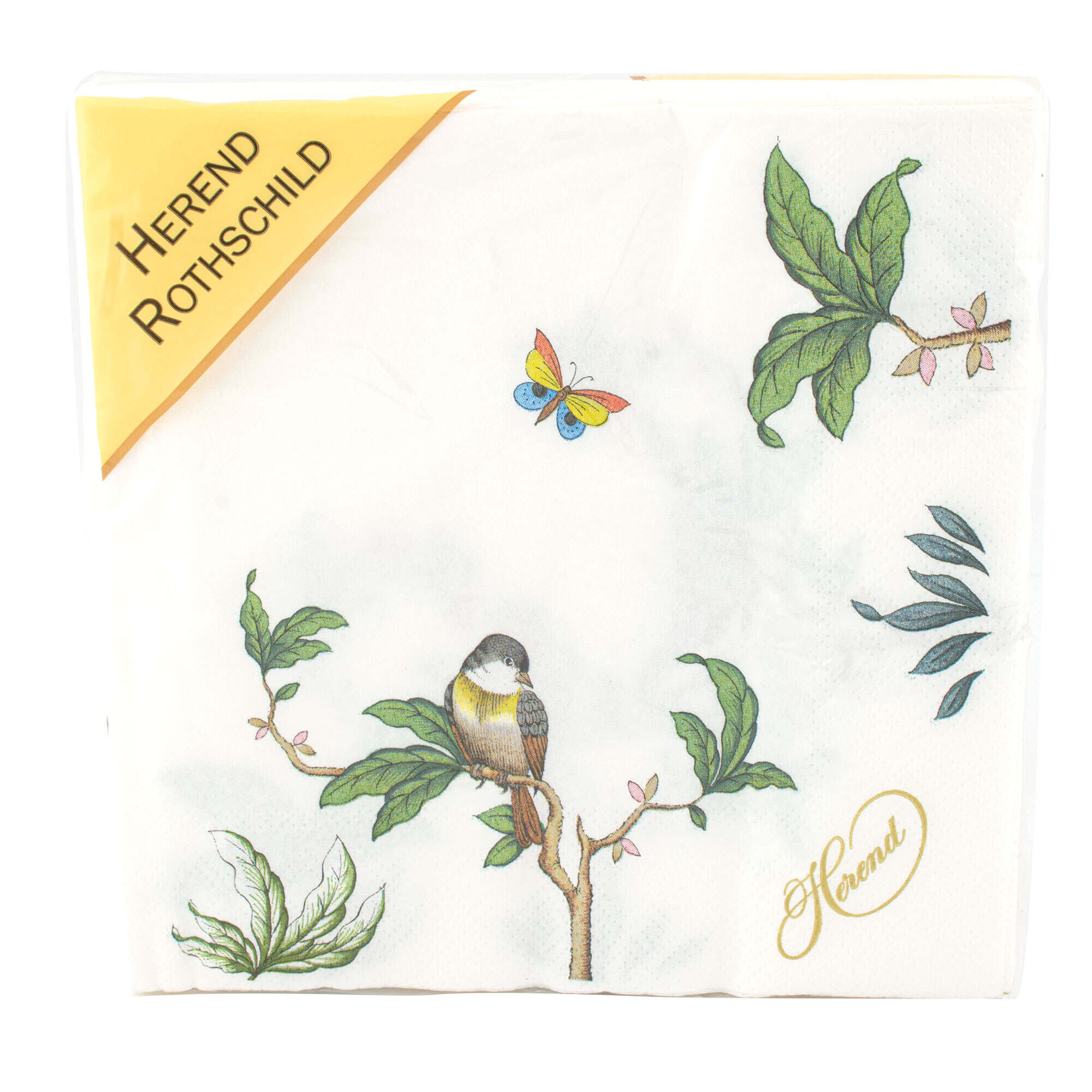 Hand-painted Herend Rothschild Bird Paper Napkins Pack of 20 in fine porcelain, Individual Napkin 6.5in SQ, on a white background