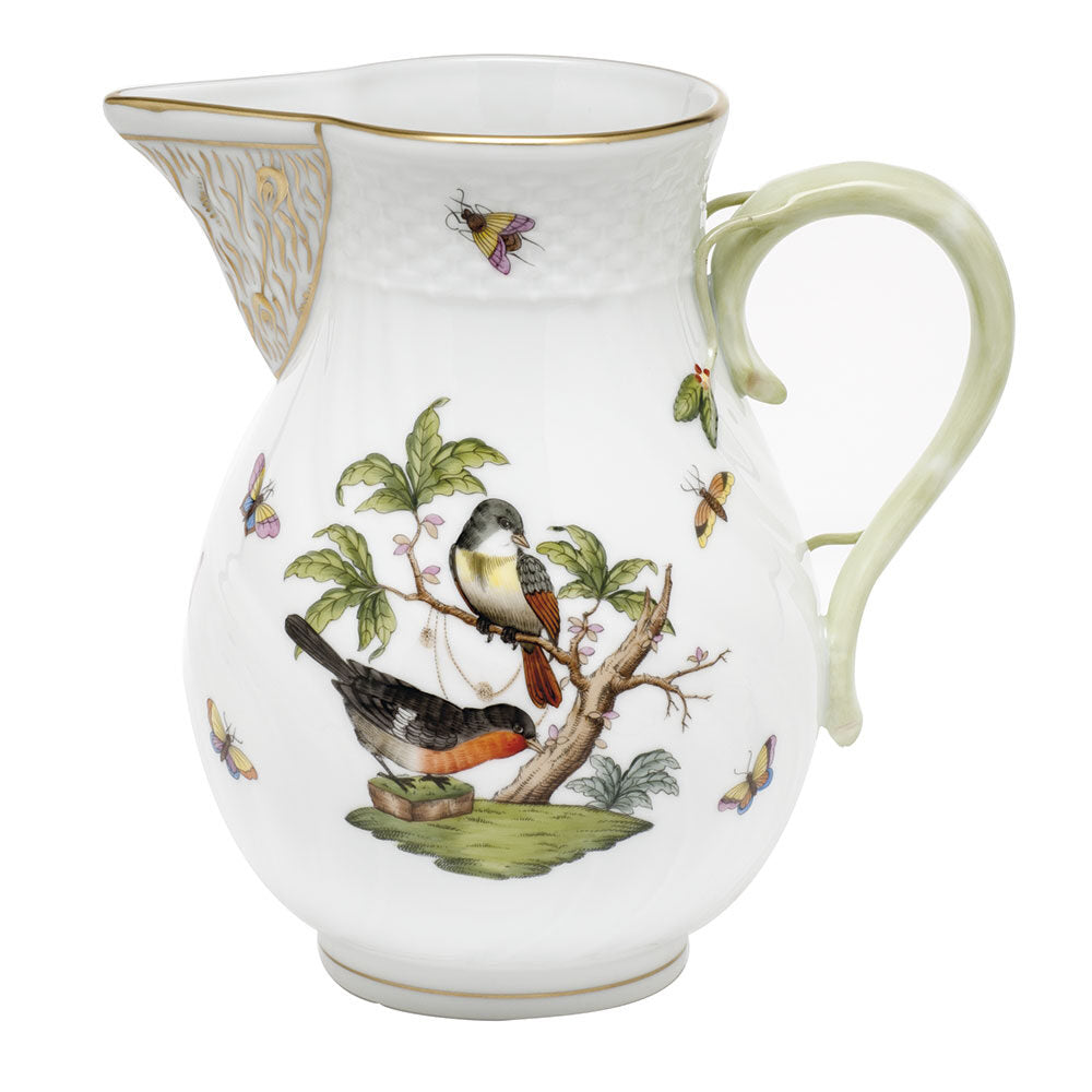 Hand-painted Herend Rothschild Bird Pitcher in fine porcelain, (60 OZ) 7.75in H, on a white background