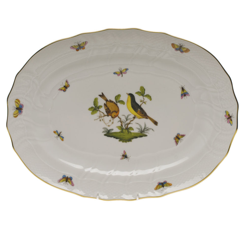 Hand-painted Herend Rothschild Bird Platter in fine porcelain, 15in L X 11.5in W, on a white background
