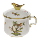 Hand-painted Herend Rothschild Bird Pot De Creme with Bird Bouillon Cup in fine porcelain, on a white background