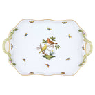 Hand-painted Herend Rothschild Bird Rec Tray with Branch Handles in fine porcelain, 18in L, on a white background